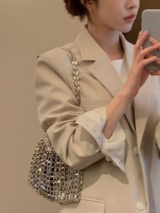 Silver Beaded Handcrafted Woven Shoulder Bag Y2KK Design Casual Chic Underarm Bag for Youth Acrylic Material Washable