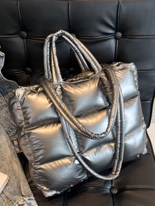 Túi Tote Vải Cotton Pha Trộn Lót Lông Vũ Không Tay Mùa Thu Đông Mới Túi Đeo Vai Vuông Vuông Túi Tote Thời Trang Thường Ngày