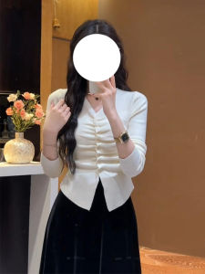 Womens V-neck Long Sleeve Knitted Shirt Spring Autumn Slimming Folded Design Commute Style Korean Version Inner Wear Base Top