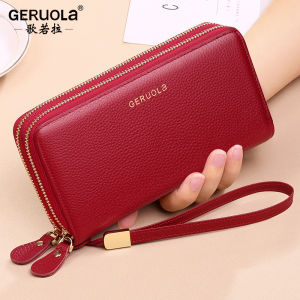 Fashionable Large Capacity Long Leather Wallet Womens Top Layer Cowhide Double Zipper Mobile Phone Clutch Bag Handbag