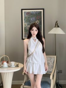 GUZILIAN | ชุดเดรสกระโปรงสั้นเอวสูงผู้หญิงแขนกุดคอวีไม่มีแขนฤดูร้อน กระโปรงทรงเอสีขาว ดีไซน์คอวี กระโปรงทรงเอสีขาว ชุดทำงานสไตล์เกาหลี