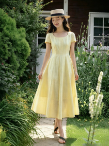 INMAN | Đầm cổ tròn tay ngắn kiểu Pháp pha Tencel lanh cotton