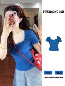 YUEZHONGWEI | Blue Square Neck Straight Shoulder Knit Short Sleeve T-Shirt