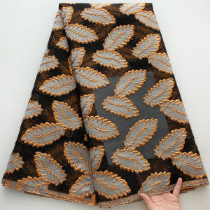 Vải Ren Lưới Lá Viền Vàng Pháp Thêu Hoa Nigeria Dùng Cho Trang Phục Dạ Hội Và May Nội Thất S4592 Chất Liệu Polyester Thân Thiện Với Môi Trường