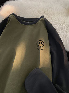 เสื้อยืดคอกลมแขนยาวผ้าขนแกะสองด้านสำหรับผู้ชาย ทรงหลวมสบาย ๆ อบอุ่นในฤดูหนาว เสื้อชั้นในแบบสวมหัว