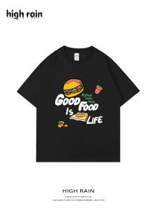 เสื้อยืดแขนสั้นพิมพ์ลายเบอร์เกอร์สไตล์ย้อนยุคสไตล์อเมริกันสำหรับผู้ชาย ทรงหลวม แขนสั้น ผ้าฝ้าย ทรงหลวม ฤดูร้อน 2025