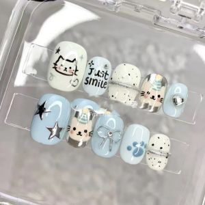 Handmade Short Wearing False Nails White Enhancing Butterfly Heart Shaped Sweet French Style Cool Sweet Short Nail Art