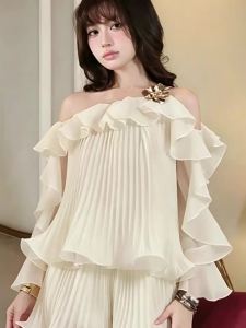 Ruffled Off-Shoulder Blouse French Light Refined Style Two-Piece Set