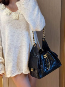 Large Capacity Bucket Bag Drawstring Cord Genuine Leather Hobo Bag Diamond Chain Single Shoulder Bag Tote Bag Small Fragrance