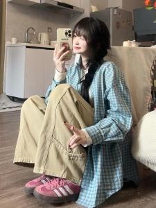 Áo Sơ Mi Kẻ Sọc Xanh Dài Tay Rộng Rãi Phong Cách Hàn Quốc Cổ Điển Thường Ngày Cho Nữ Mùa Xuân 2025 Áo Khoác Cardigan Hở Thời Trang