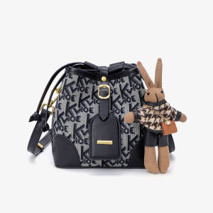 Womens Crossbody Bucket Bag Single Shoulder Handle Rabbit Pendant Retro Style Handbag Soft PU Leather Small Size Fashionable