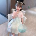 Traditional Chinese Hanfu kids costume dress with free tattoo bag hair clips for Chinese New Year and dinner party event. 