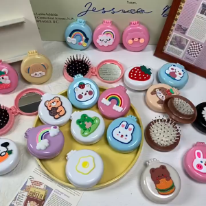 Mini Folding Comb with Mirror Cartoon Rainbow Airbag Massage Hair Brush Portable Comb for Kids