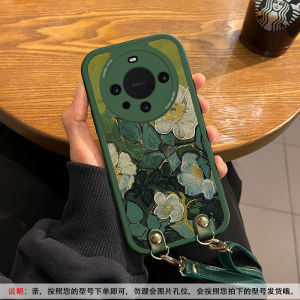 Huawei Mate70Pro Rose Oil Painting Crossbody Silicone Leather Phone Case Full Cover Mate60 Durable TPU Lanyard for Women