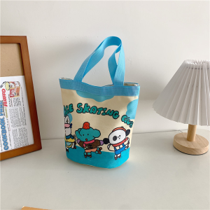Portable Women Handbag Cartoon Printed Canvas Cylinder Bag Graffiti Bucket Bag Lunch Bag Tote Bag