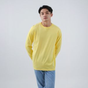 Kaos Polos Pria Oneck Lengan Panjang Bahan Katun Combed 30s Warna Pale Yellow