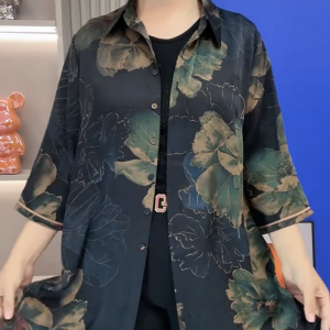Summer 2024 Womens Printed Slim Fit Jacket Half Sleeve Thin Outerwear Middle-Aged And Elderly Loose Style Mid-Length Top
