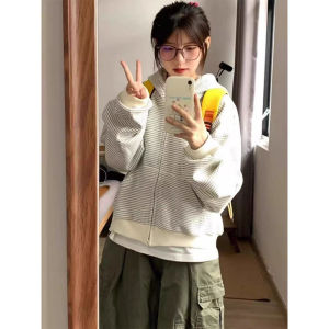 American Retro Striped Open Cardigan Hoodie Womens Loose Zipper Korean Style Loose Short Coat Spring Autumn Fashion