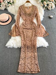 Womens Lace Long Sleeve V-neck Dress Slimming A-line Midi Skirt High Waist Bell Bottoms Fashionable Commute Korean Style