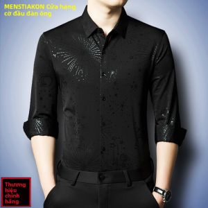 Menstiakon | Áo Sơ Mi Dài Tay In Họa Tiết Nhẹ Black Ice Silk Phong Cách Thường Ngày Cho Nam Trung Niên