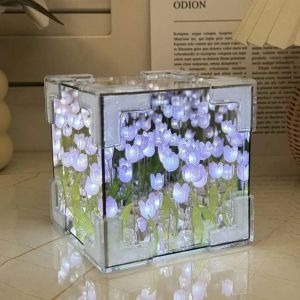 DIY Tulip Mirror Cube Lamp Simulation Flower Bedroom Sleeping Table Lamps Handmade Tulip Small Night Light Material Package Gift