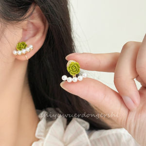 French Style Gentle Green Rose Pearl Earrings Womens Fashion Summer Two-Way Wear New Mosquito Coil Tray Ear Clip No Piercing