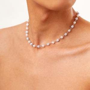 Ingemark Exquisite Trend Imitation Pearls Rhinestone Chokers Necklace Men Vintage Silver Color Acrylic Neck Chain Couple Jewelry