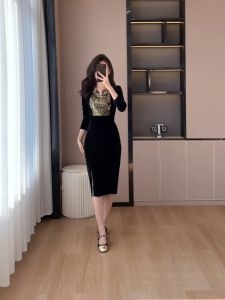 Đầm Nhung Phối Kim Sa Sang Trọng - RO141 M L XL XXL Đầm Nhung Dáng Dài Sang Trọng Cao Cấp