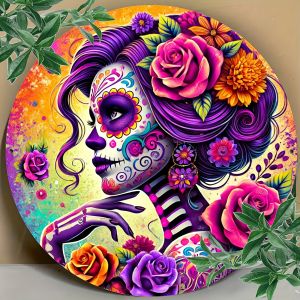 Vibrant Mexican Sugar Skull Aluminum Foil Wall Art - Home Decor Gift for Kitchen Living Room Bedroom