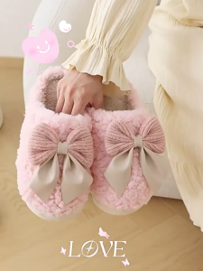 Fashion women anti slip soft bottom warm slippers bedroom indoor bow knot comfort plush slipper