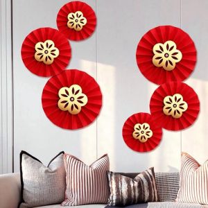 SÉT 6 QUẠT GIẤY ĐỎ ĐÍNH NGỌC TRAI VÀ HOA MAI DÁN TƯỜNG TRANG TRÍ OẢN TẾT PHỤ KIỆN TRANG TRÍ TẾT PHONG CÁCH TRUNG HOA