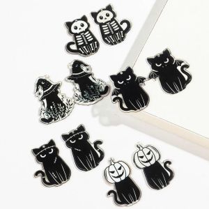 10pcs Halloween Acrylic Print Charms Cute Black Skull Cat Pumpkin Pendant for DIY Jewelry Making Keychain Earring Accessories