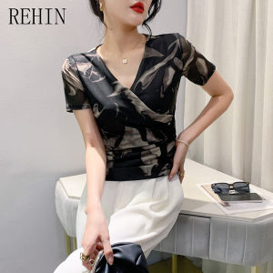 REHIN Crossed V-neck fashion short-sleeved mesh T-shirt floral printed slimming base shirt trendt women blouse