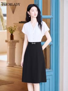 POEMLADY | Contrast Color Faux Two-Piece V-Neck Fitted Midi Dress