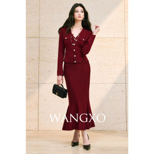 WANGXO | Áo Cardigan V-neck Phong Cách Pháp Chất Liệu Len Pha Herringbone