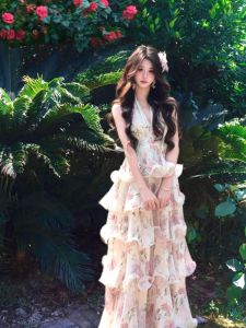 CHANGTONG | Đầm Maxi In Hoa Phong Cách Pháp Elegance V-neck Halter