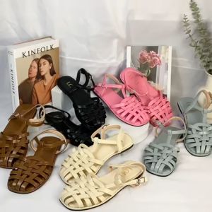 3310 Sandal Flat Wanita T-Strap Desain Korea Warna Solid Bisa COD dengan Kotak