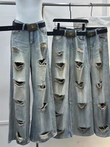 กางเกงยีนส์ทรงหลวมขาตรงสไตล์อเมริกันสำหรับผู้หญิง กางเกงขายาวทรงหลวมขาบานสำหรับฤดูร้อน กางเกงขายาวทรงหลวมเอวสูง กางเกงขายาวทรงหลวม