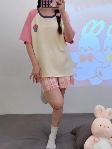 ชุดนอนผู้หญิง พร้อมแผ่นรองหน้าอก ชุดนอนผ้าคอตตน แขนสั้นขาสั้น ชุดนอตอน ชุดนอนผู้ใหญ ผ้าบางเบาใส่สบาย ชุดนอนลาน่ารัก cute patterned pajamas