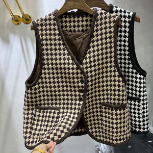 French Style Retro Houndstooth Classic Style Vest Female 2024 Spring & Fall New Arrival Loose Easiest for Match Tweed Vest Cardigan