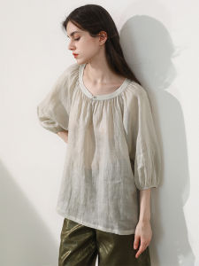 Miccbeirn | เสื้อยืดแขนพองสไตล์ฝรั่งเศสสีทองประกายเล็กๆ ผ้ามัดย้อมธรรมชาติสำหรับผู้หญิง เสื้อเชิ้ตแขนยาวทรงหลวมสบายๆ ฤดูร้อน