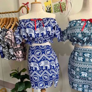 ชุดเซ็ตลายช้างกระโปรง กางเกง เสื้อเกาะอก สายเดี่ยวผูกไหล่ลายช้างไทย ช้างสยาม
