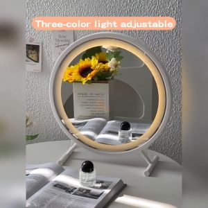 Dressing Table Mirror with Light Makeup Mirror Round Mirror Cermin Bulat Desktop Vanity Mirror With LED Light Dressing Table Mirror Face Mirror