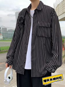 Mens Striped Shirt Loose Fit Long Sleeve Retro Trendy Casual Large Size Jacket Outerwear Spring 2023 Fashion Youth Polyester Blend