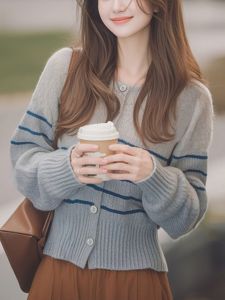 Elegant Blue Grey Stripe Knitted Open Cardigan Womens Autumn Style Unique Commute Lazy Fashion Long Sleeve round Neck Sweater