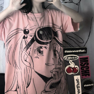 Street Style Cotton T-Shirt for Junior High School Girls Short Sleeve round Neck Print Design Dark Color Anime Cartoon Graphic Tee