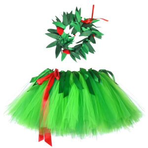 Little Girls Green Floral Hawaiian Tutu Skirt Set Kids Hula Party Midi Skirt Ballet Princess Tutu Skirt Halloween Skirt