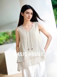 Basic House | Striped V-neck Sleeveless Summer Asymmetrical Hem Drawstring T-shirt