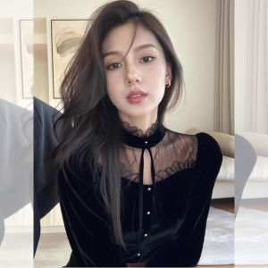 Black Lace Velvet Patchwork Blouse