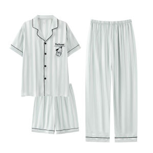 MiiOW | Mens Ice Silk Summer Sleepwear Short Sleeve Loose Thin Three-piece Set Casual Home Clothes Polyester Fiber Long Pants